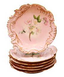 Set Of  6 Antique Martial Redon Limoges France Porcelain Ruffle  Gold Trim Floral Pink Plates