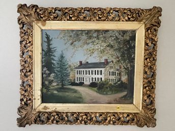 OIL PAINTING OF A HOME IN FANCY GOLD GILT FRAME SIGNED MB RODDY