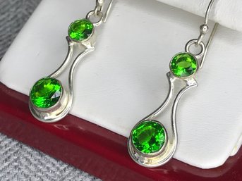 Lovely 925 / Sterling Silver Drop Earrings With Peridot - Very Pretty - Never Worn - Deep Intense Color