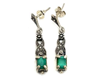 Vintage Sterling Silver Marcasite And Green Stone Dangle Earrings