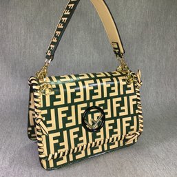 Beautiful Like New Designer Style Bag - Green & Cream - Red Cloth Interior - This Is Designer STYLE !