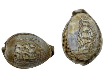 Set Of Two Hand Carved Cowrie Shells Featuring Tall Ships At Sea