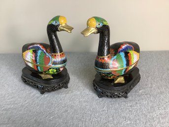 Chinese Cloisonne Enamel Bird Boxes- Black And Green Set