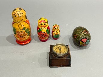 Lot Of 3 Nesting Dolls, Painted Egg, Antique Clock