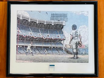 Signed Limited Edition Lithograph By Dan Krovatin W/ A Real Segment Of An Original Yankee Stadium Bench Seat