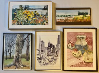 5 Original Watercolor Paintings By George Yourke, Some Signed