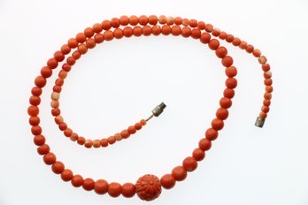 Vintage Coral Bead Necklace With Carved Bead