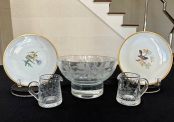 William Yeoward Pitcher, Etched Bowl, & Lorenz Hutschenreuther Plates