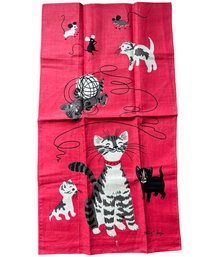 Cat Tammis Keefe Pink Dish Towel / 1950s Vintage Novelty Print Tea Towel
