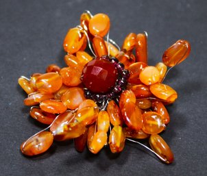 Contemporary Carnelian Hard Stone Floral Formed Brooch