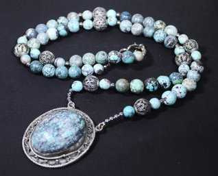 Silver Tone Fancy Genuine Turquoise Stone Necklace W Pendant 32' Long