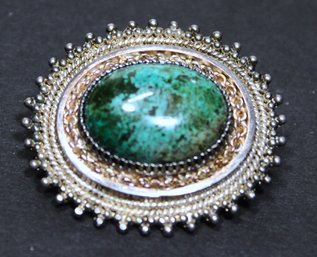 Vintage Very Fine Green Turquoise Fancy Framed Oval Formed Brooch