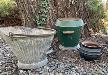 A Vintage Ash Bucket, A Handled, Footed Iron Caldron & A Green Metal Farm Bucket