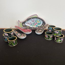 A Group  Of Entertaining Items - 8 Brass Enamel Cloisonne  Napkin Rings, 6 Spoons &  Brass Enamel Dish