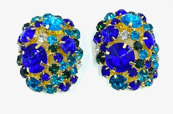 Sensational Huge Goldtone W/ Multitone Blue Rhinestone Earrings
