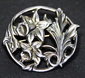 Fine Sterling Silver Round Brooch Daffodil Flowers Marked 925