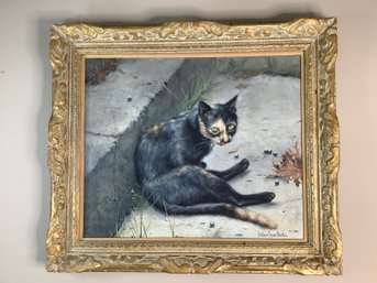 Framed Signed Cat Oil Painting