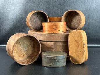 An Assortment Of Primitive Grain Measures & Shaker Pantry Boxes