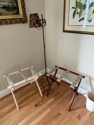 CAST IRON BRIDGE LAMP AND TWO SUITCASE STANDS