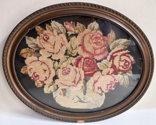 Large Vintage Needlepoint In Oval Frame