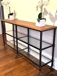 Industrial Style Console Table On Wheels / Glass Shelving