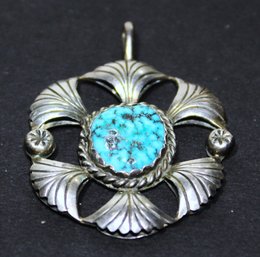 Fine Vintage Sterling Silver Pendant Having Genuine Turquoise Stone Signed CH