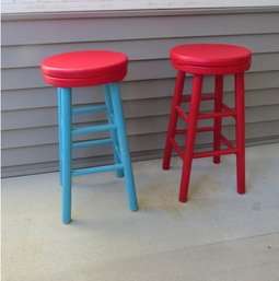 Pair Of Brightly Colored Bar Stools In Red & Teal