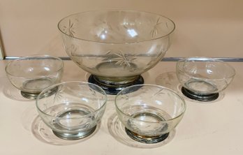 Serving Bowl & 4 Beautiful Etched Glass Bowls With Sterling Bottoms ~ Boardman Sterling ~