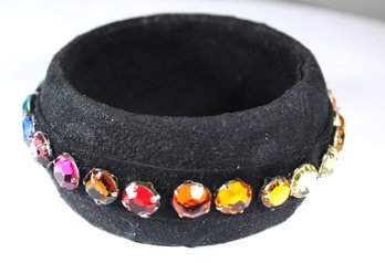 Artisan Fabric Covered Bangle Bracelet Bejeweled With Rhinestones Rainbow
