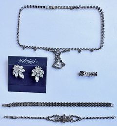 Vintage Rhinestone Jewelry: Necklace, 2 Bracelets, Ring & New Earrings From Lord & Taylor