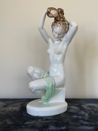 Art Deco Style Herend Hungary After Artist Elek Lux 'The Bather' Female Nude Hand Painted Porcelain Figure