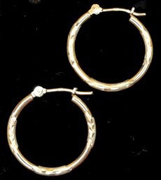 Vintage 10 K Karat Gold Hoop Pierced Earrings -  Etched Leaves Frosted - 11/16 In Diameter X 1/16 Inches Thick