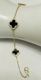 BEAUTIFUL GOLD OVER STERLING SILVER ONYX AND CRYSTAL CLOVER BRACELET