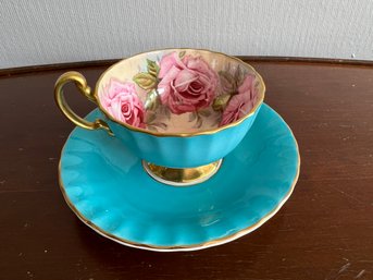 Exquisite Aynsley Bone China Four Roses On Turquoise Teacup & Saucer