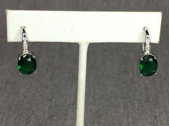 Wonderful Brand New Sterling Silver / 925 Earrings With Tsavorite And Sparkling White Zircons - Very Nice !