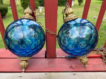 Pair Magnificent Blue Optic Glass Ball Swag Lights