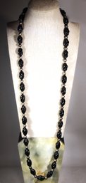 1980s Fine Genuine Black Onyx Stone And Sterling Silver Beaded Necklace 34' Long