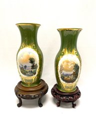 Pair Of Hand-decorated Asian Vases Atop Wooden Pedestal Stands