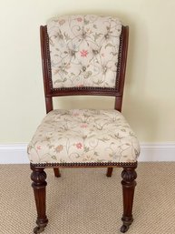 Vintage Carved Tufted Side Chair With Nailhead Trim And Front Casters