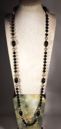Fine 1980s Different Sterling Silver Black Onyx Stone Beaded Necklace 34' Long