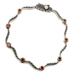 Vintage CFJ Sterling Silver With Small Red Stone And Marcasite Bracelet
