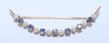Crescent Moon 10k Yellow Gold Seed Pearl & Blue Topaz Brooch
