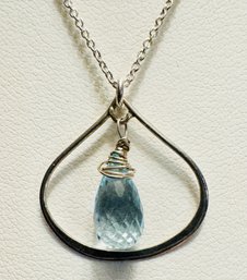 STERLING SILVER BLUE TOPAZ FACETED TEAR DROP PENDANT NECKLACE