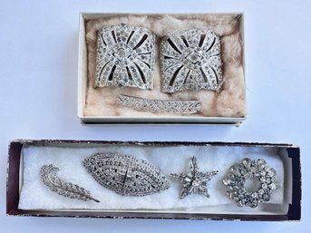 Duette Pin, 4 Vintage Rhinestone Pins Brooches & 2 Shoe Chips By Holfast, Ora, Dvette & More