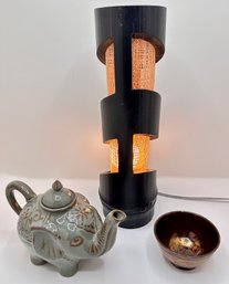 Wood Table Lamp, Pier 1 Elephant Teapot & Small Bowl