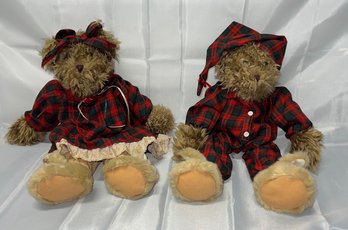 Adorable Christmas Bears In Red Plaid Pj's And Bunny Slippers