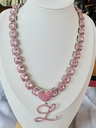 SPARKLY PINK RHINESTONE INITIAL LETTER L AND HEART NECKLACE