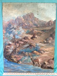 Original Painting On Board Unsigned Deer In River 22x30