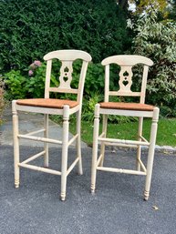 A Pair Of French Provincial Counter Height Stools With Rush Seats