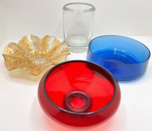 Vintage Carnival Glass Bowl, Red & Blue Glass Bowls & Heavy Glass Vase